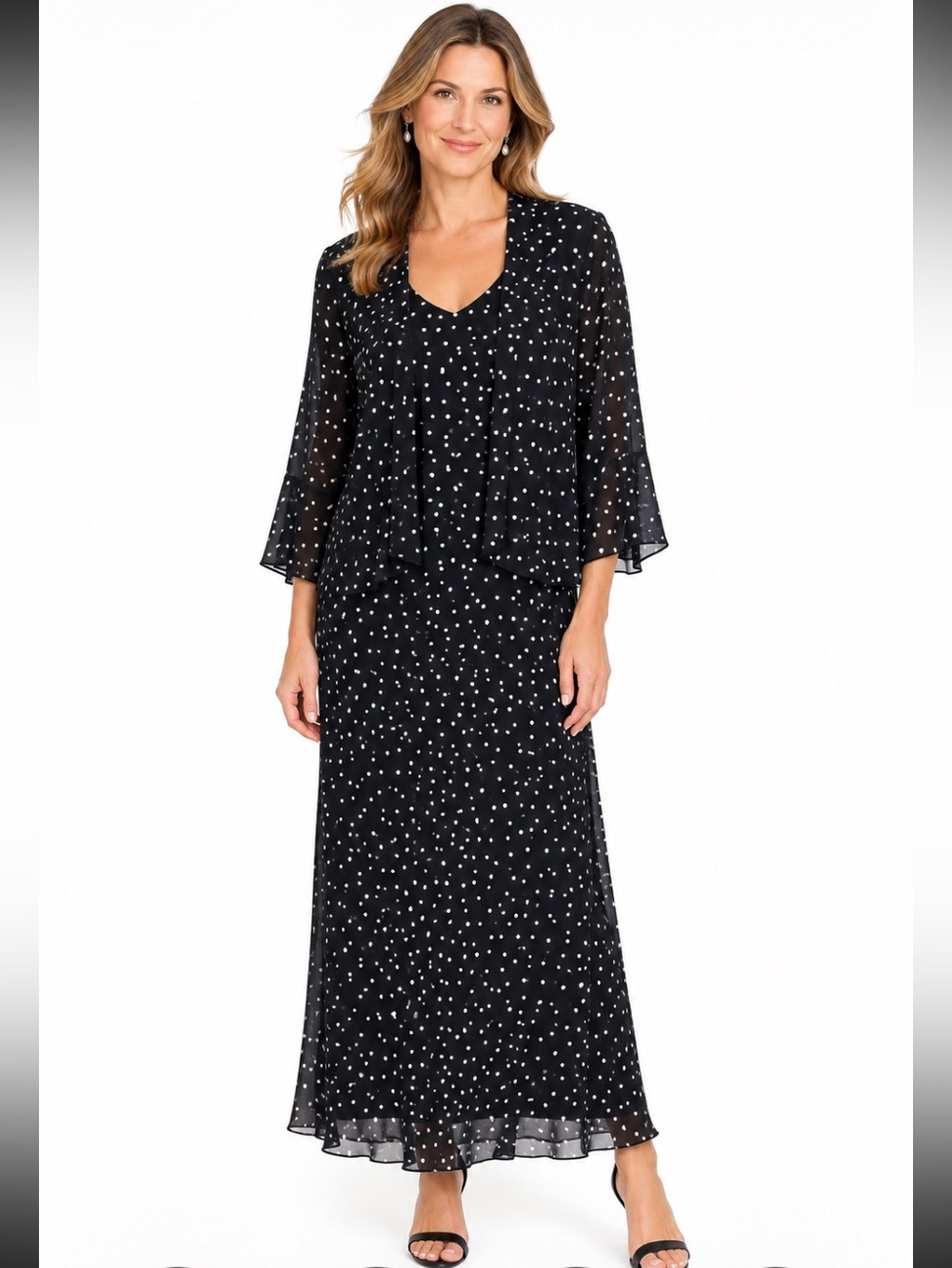 CAROL ANDERSON 2 Pc Black & White Polka Dot Georgette Jacket Maxi Dress